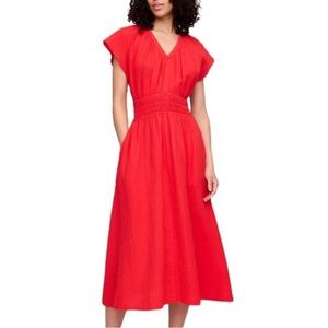 GAP Red V-Neck Smocked-Waist Midi Dress